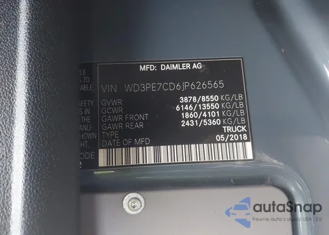2018 Mercedes-Benz Sprinter 2500 Standard Roof V6 from USA, damaged, VIN WD3PE7CD6JP626565